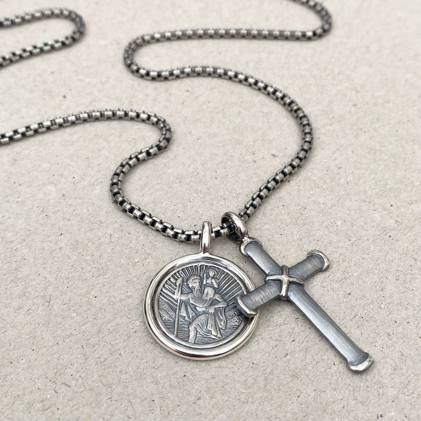 Handmade to order - Oxidised solid silver Saint Christopher framed pendant and criss cross on a 2.5mm wide round box belcher chain - Men's jewellery