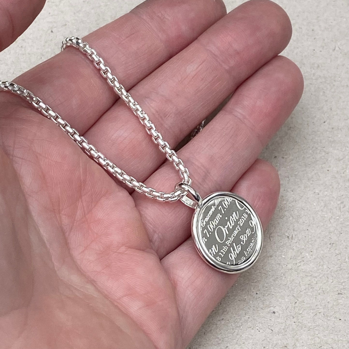 Handmade to order - Mens oxidised or polished solid silver round framed birth story pendant on a 2.5mm wide box chain