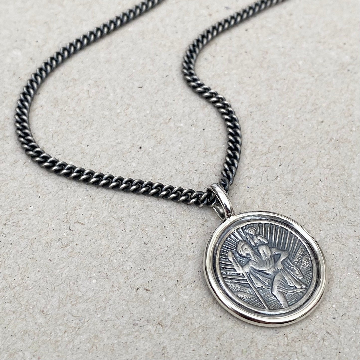 Handmade to order - Oxidised solid silver Saint Christopher circle framed pendant on a 2.9mm wide close curb chain