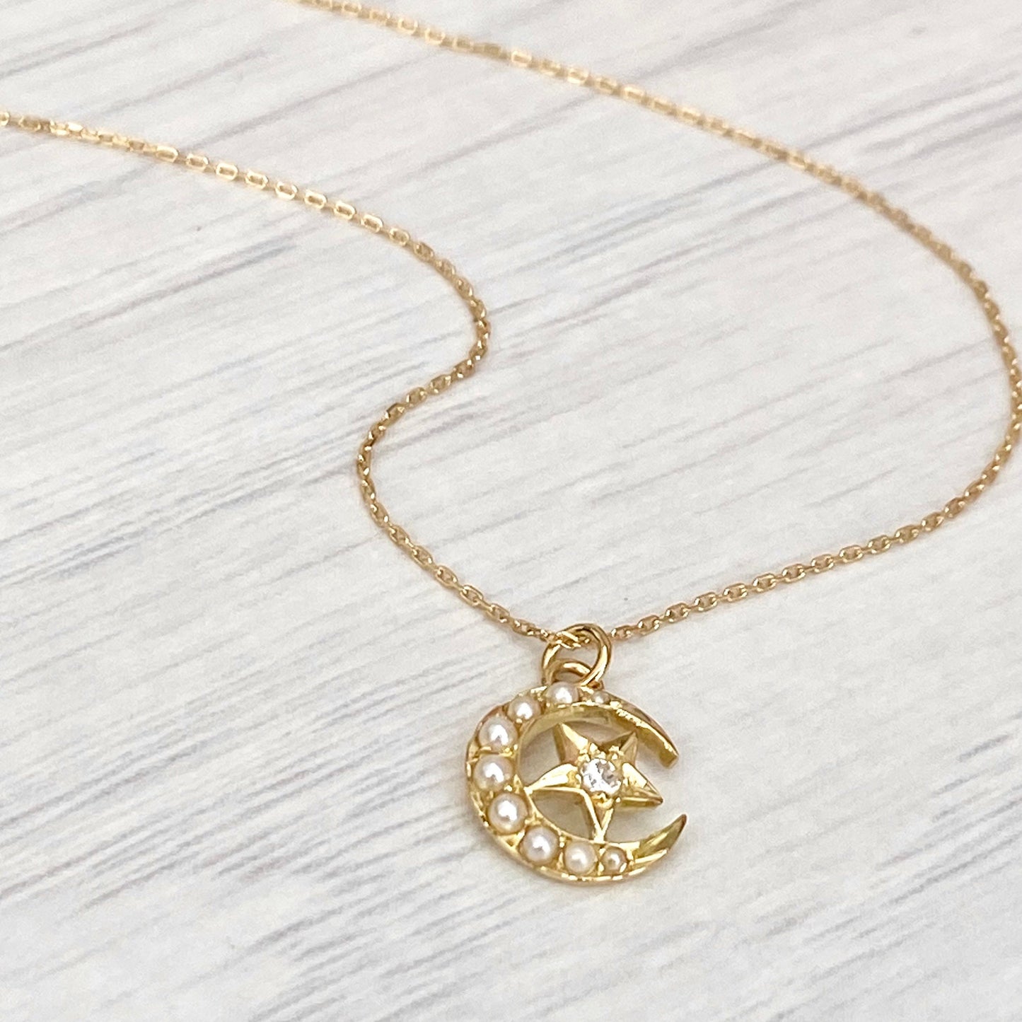 Vintage 18ct yellow gold seed pearl diamond star crescent pendant on a fine new 18ct yellow gold chain