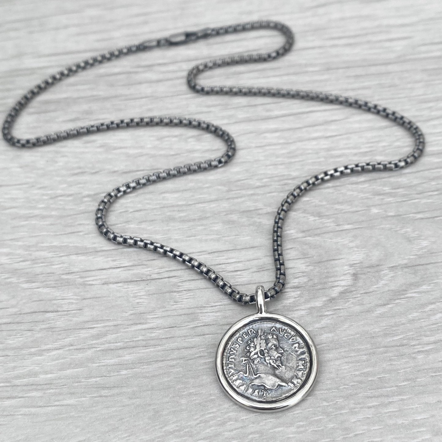 Oxidised solid Sterling silver 21mm replica Roman coin circle framed pendant on a choice of spiga or round box chain