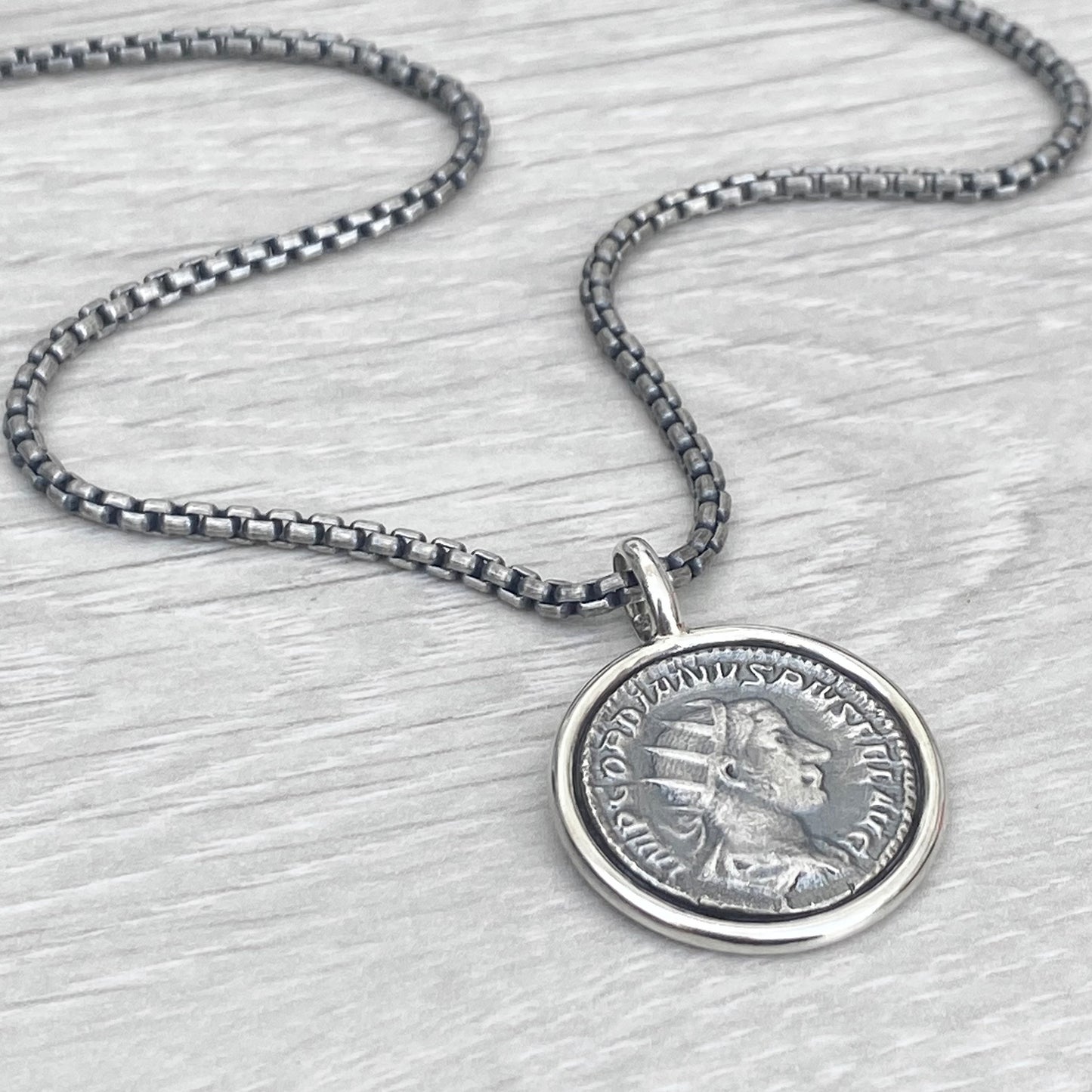 Handmade to order - Oxidised solid Sterling silver 23mm replica Roman coin circle framed pendant on a choice of trace or round box chain
