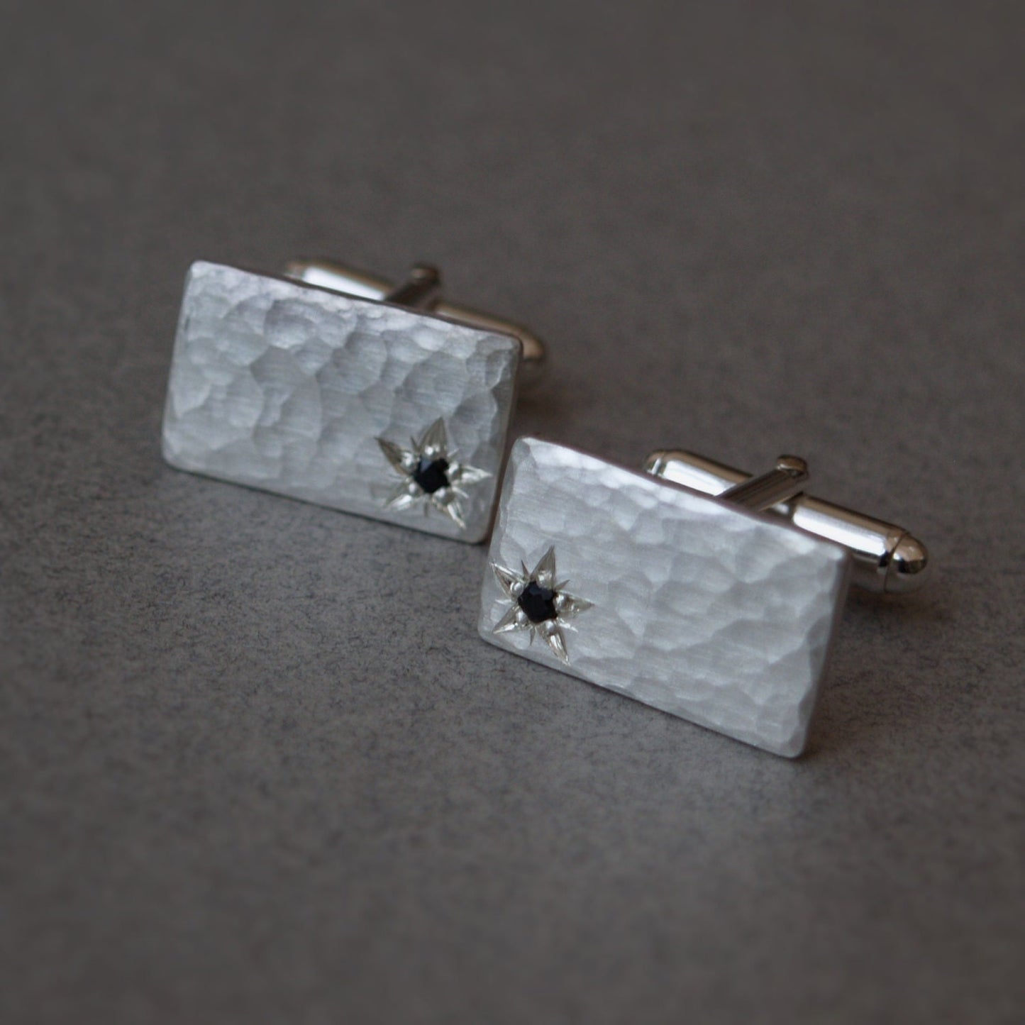 Handmade silver hammered rectangle heavy cufflinks star engraved set with black Sapphires