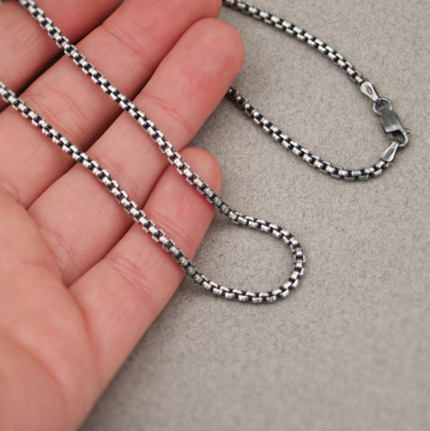 Oxidised or polished solid silver 2.5mm wide box belcher chain