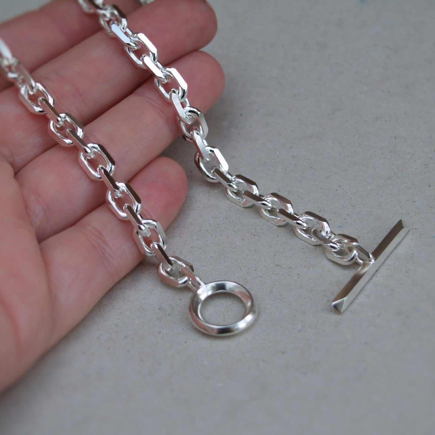 Handmade to order - Oxidised or polished solid silver extra heavy 6.6mm wide diamond cut trace chain with a unique T-bar design